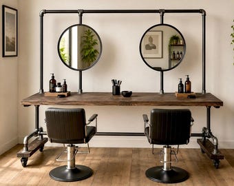 Industrial Style Salon Unit - Single Sided | Barbers, Hairdressing Workstation with Mirrors | Rustic Timber, Steel Tube