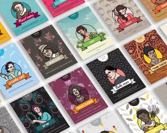 Może przedstawiać: Zbiór kolorowych kart z ilustracjami osób i tekstem w języku hebrajskim. Każda karta ma inny wzór tła i wstążkę z imieniem przedstawionej osoby.