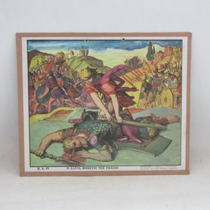 carte murale chrétienne éducative, David tue Goliath, impression lithographique, tenture murale de carte scolaire vintage, Goliath, faible contre fort
