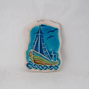 wall hanging hand painted plaque, fishing boat plaque, vintage wall hanging, fishing boat, for wall, Greek wall pllate, Aegean fishing boat