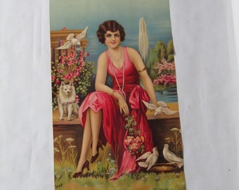 big chromolithograph, Woman lithograph, Antique lithograph, Vintage lithography, lithograph, lithography art, for wall, mid century woman