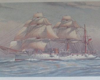 framed ship lithograph, H.M.S. CALLIOPE, vintage wall hanging, lithograph print ship, lithograph ship, white ship image, white ship picture