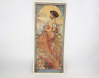 Original Mucha Art Nouveau Poster: Woman with Flowers, 1970s Print (59x26 cm)