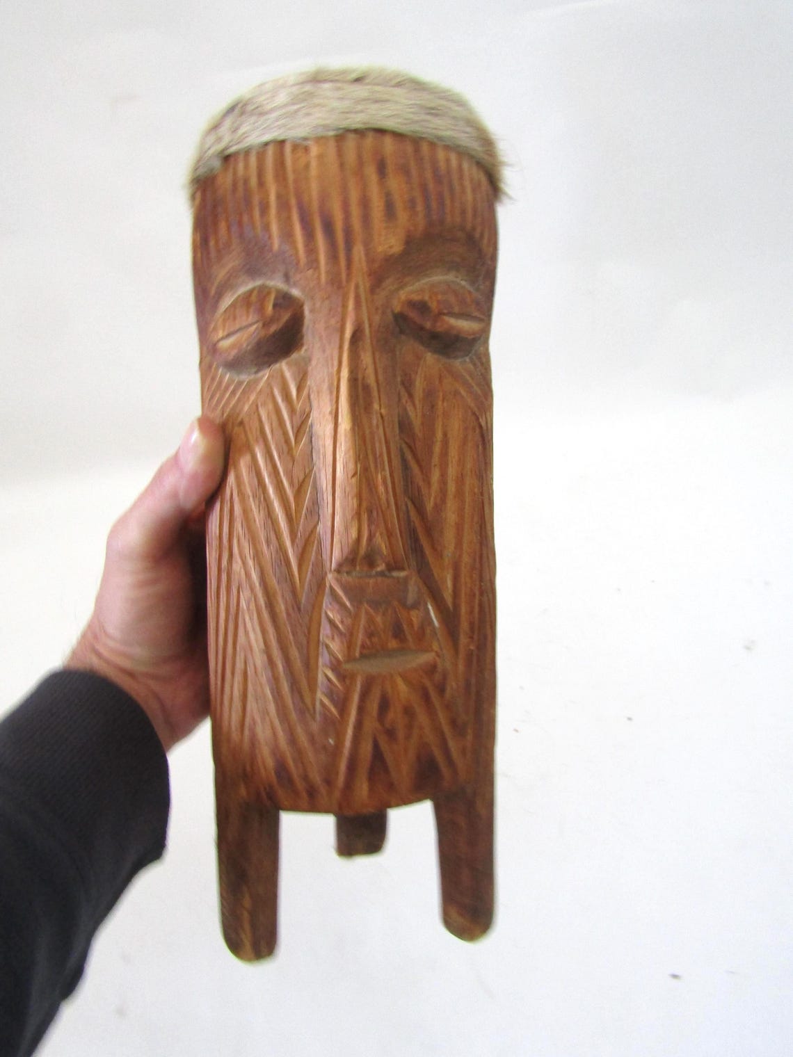 Vintage Wood Face Drum, African Tribal Musical Instrument, foto 3 di 5