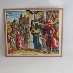 carta da parati cristiana educativa, distruzione e prigionia di Gerusalemme, stampa litografica, carta scolastica vintage appesa alla parete