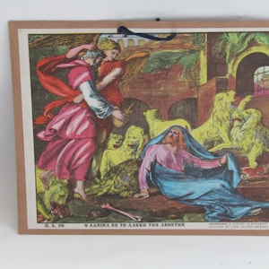 Lehrtafel, christliche Lehrtafel, lithografiert, daniel löwenhöhle, daniel löwenhöhle bild, lithografie druck, vintage schulkarte hängend
