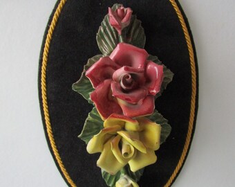 Art Mural Capodimonte Vintage, Fleurs En Porcelaine Sur Velours, Cadre Italie