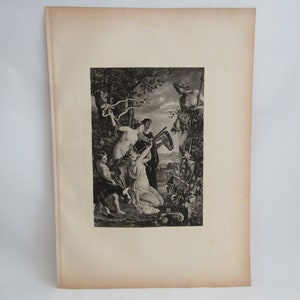 Gravure, old gravure, The Adoration of Dionysius, C. A. Geiger, gravure wall decor, gravure original, Mythology Etching, Dionysius image