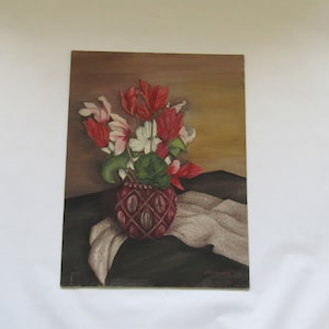 Pintura vintage de naturaleza muerta sobre cartón, firmada, pintura original, pintura de naturaleza muerta, pintura vintage, arte mural vintage, para pared