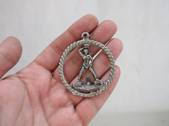 Vintage Iron Colossus of Rhodes Pendant, Metal Pendant, Old 