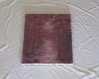 vintage Purple forest painting, Vintage Impressionist Painting on Canvas Board , signed. Original painting, impressionist art, for wall