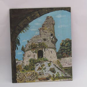 Pintura de ruínas gregas vintage em papelão, ruínas de torres em Mani, Grécia, queimadas, pintura original, decoração de parede Mani, pintura Mani, para parede