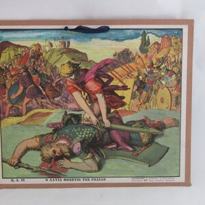 carta da parete cristiana educativa, Davide uccide Golia, stampa litografica, carta scolastica vintage appesa a parete