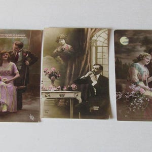 1911-1921 Conjunto romántico de tres postales antiguas francesas en color, Postales francesas vintage, Postales antiguas, Postales románticas