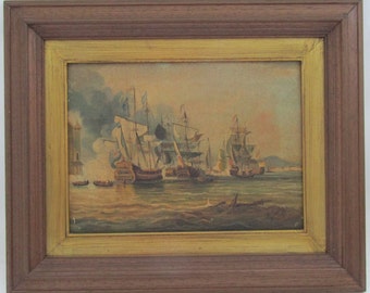 ヴィンテージ船の戦闘画：キャンバスに描かれたオリジナル油彩画（42 x