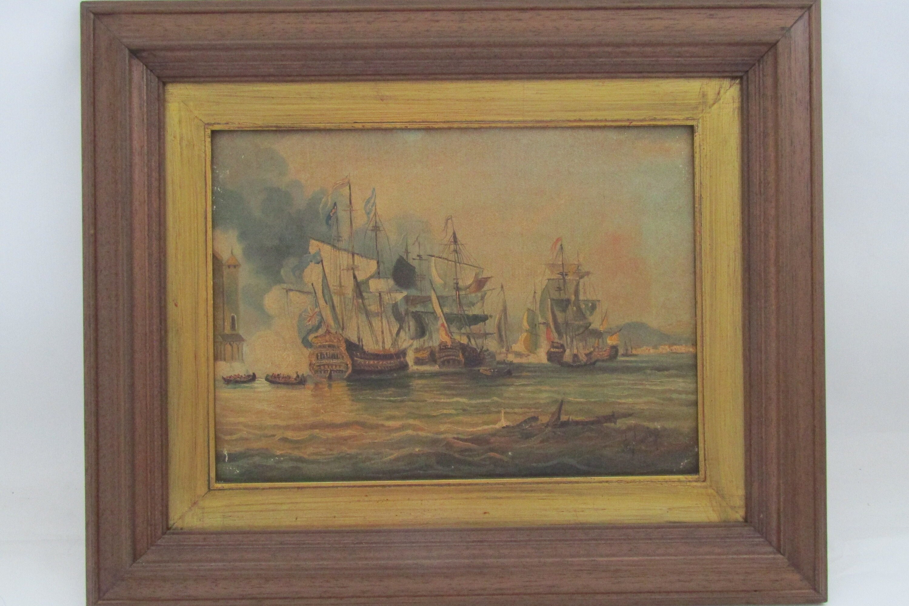 ヴィンテージ船の戦闘画：キャンバスに描かれたオリジナル油彩画（42 x