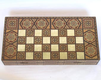 Vintage Marquetry big Backgammon set : Handmade Wooden Game