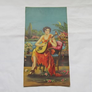 Greek huge chromolithograph by Aggelos Apergis, Woman theme, Antique lithograph, lithography, mid century lithograph, lithography art.