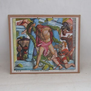 carte murale chrétienne éducative, la vengeance de samson, impression lithographique, tenture murale de carte scolaire vintage, Samson, se venge