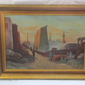 big Luxor painting  on canvas, antique painting , framed Luxor painting, Luxor vintage painting, Egyptian painting, ruins painting canvas