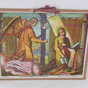 carta da parati cristiana educativa, evangelizzazione di Santa Maria, evangelizzazione, stampa litografica, carta scolastica vintage appesa a parete