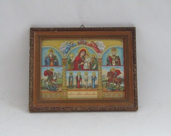 vintage framed chromolithograph print, christian orthodox art, Orthodox lithography, old lithograph, Holy Mary artwork, for praying nest