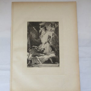 Gravure, old gravure, Orestes purshed by the furies, F. Lematte, gravure wall decor, gravure original, Mythology Etching, Troy Etching