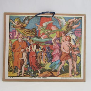 Carta da parati cristiana educativa greca, Torre di Babele, stampa litografica, carta scolastica vintage appesa a muro, imaging ortodosso di Babele