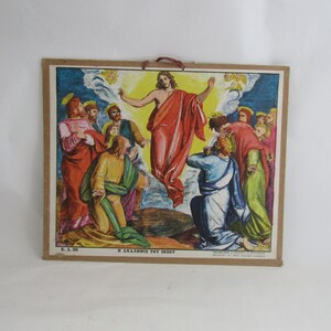carta da parati cristiana educativa, l'ascensione di Gesù, stampa litografica, carta scolastica vintage appesa a parete