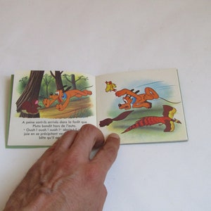 May include: An open book with colorful illustrations of a dog running through a forest. The text on the page reads "A peine sont-ils arrives dans la foret que Pluto bandit hors de l'auto. Quah I ouah I ovah! abpiام الشم joie en se precipitant ver bete qu'il ap"