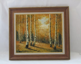 Tableau de forêt encadré sur toile : art vintage représentant un bouleau