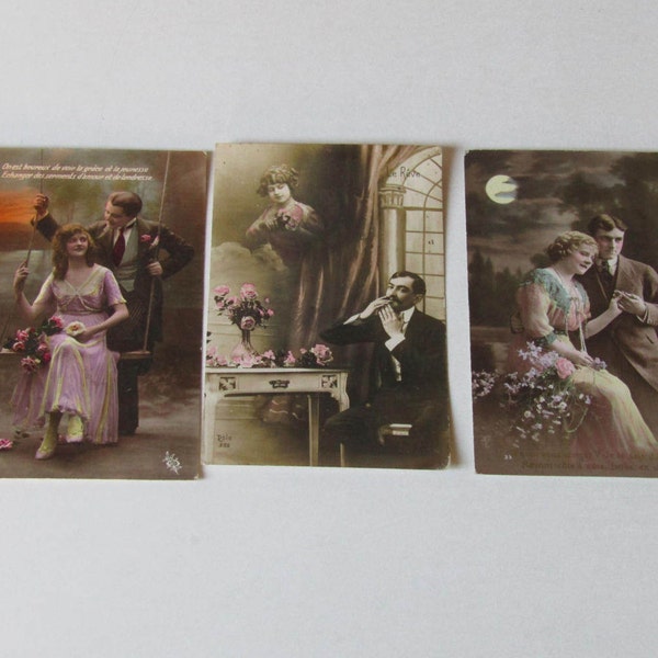 Set di 1911-1921 romantico di tre colorate cartoline d'epoca francese, francese cartoline d'epoca, cartoline d'epoca, cartoline romantiche