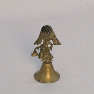 vintage brass hand bell, antique brass bell, collectable hand bell, girl figure brass bell, antique hand bell, hand bell dinner table