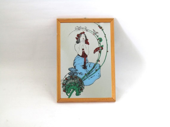 Art Nouveau Silk Screen Mirror: Vintage Wall Decor, 32.5 cm x 22.5 cm