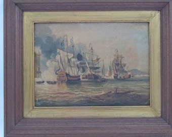 ヴィンテージ船の戦闘画：キャンバスに描かれたオリジナル油彩画（42 x