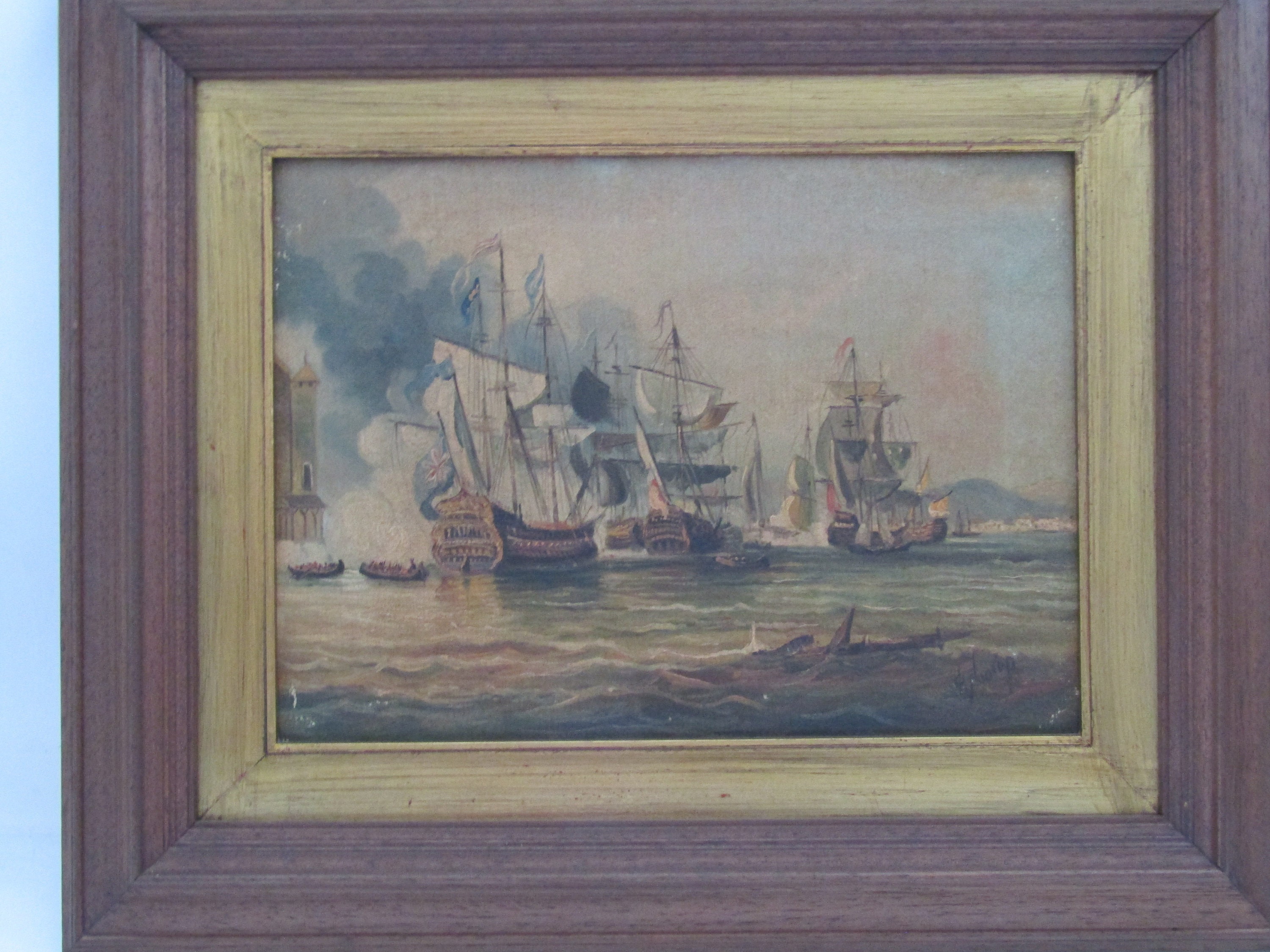 ヴィンテージ船の戦闘画：キャンバスに描かれたオリジナル油彩画（42 x