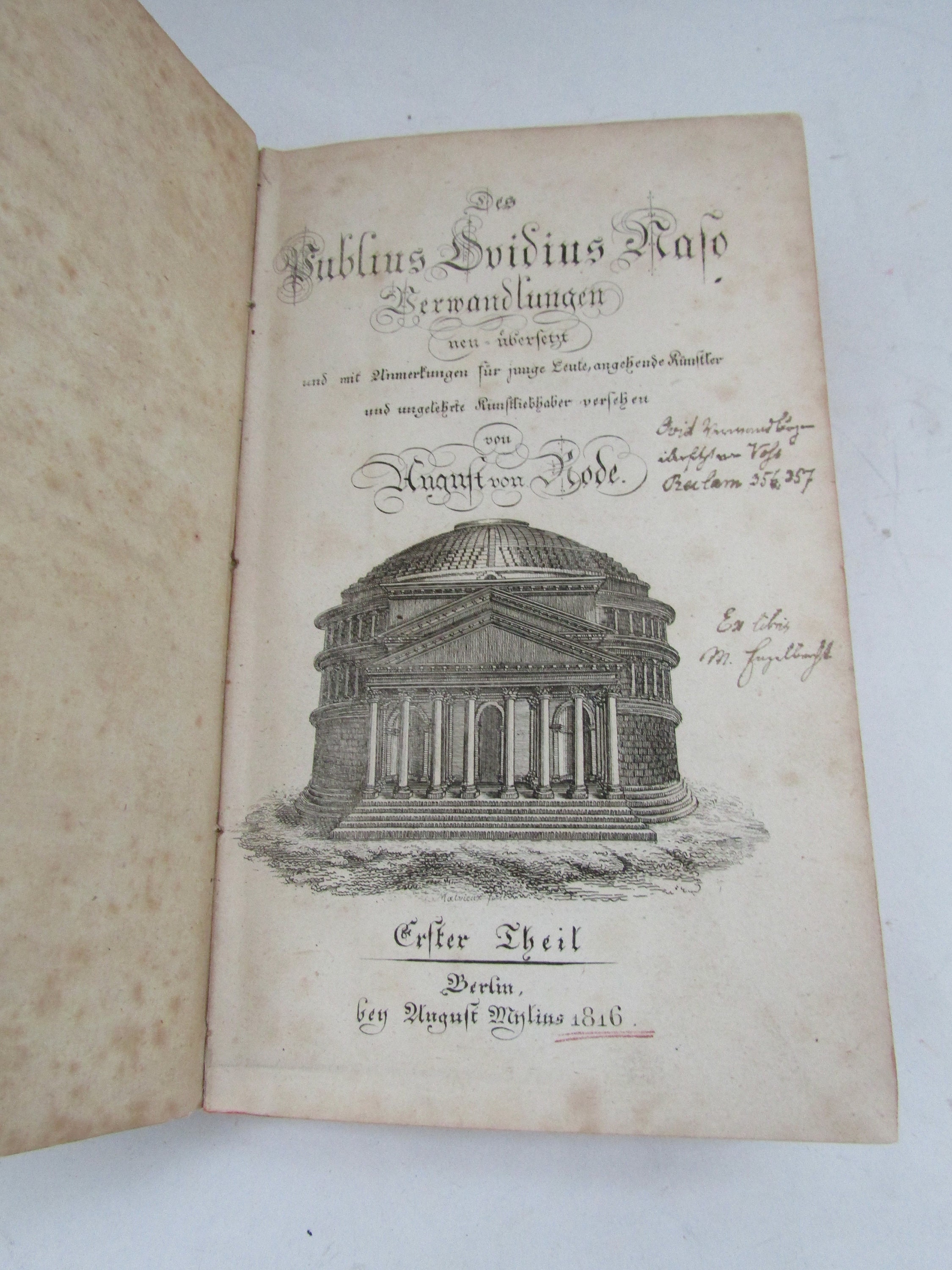 1816 Verwandlungen by Publius Ovidius Naso, publisher Mylius, Berlin. Versehen von August von Rode erster theil volume 1