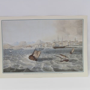 Riproduzione di una stampa greca del XVIII secolo "Mare di Routh al largo del porto di Corfù", illustrazione d'epoca, arredamento greco, arte murale di Corfù, per parete.