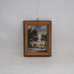 pintura pequeña vintage sobre cartón, casa en el lago, arte de pared vintage, pintura original, para pared, arte de pared antiguo, pintura antigua