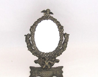 Art Nouveau Vanity Mirror: Antique Engraved Cherub Decor