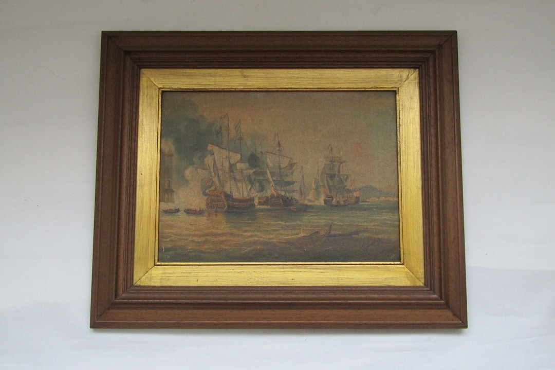 ヴィンテージ船の戦闘画：キャンバスに描かれたオリジナル油彩画（42 x