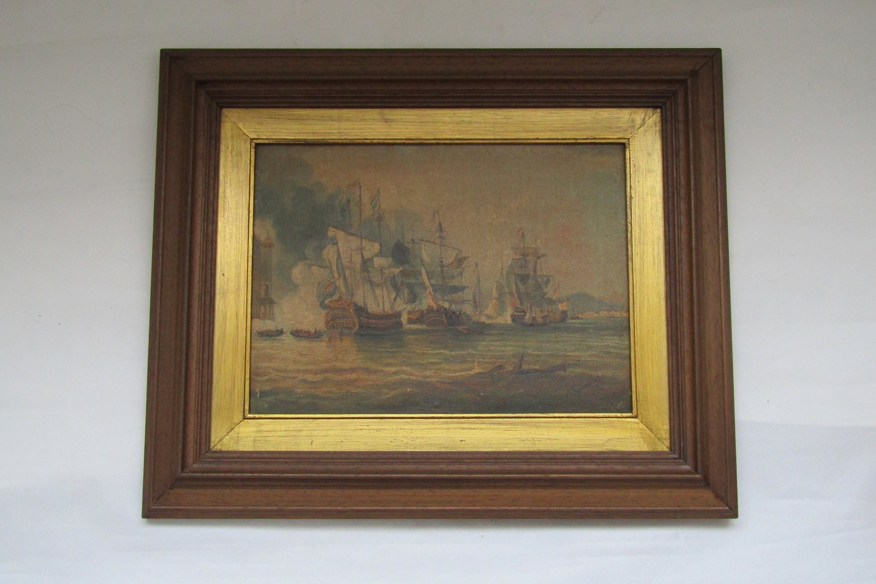 ヴィンテージ船の戦闘画：キャンバスに描かれたオリジナル油彩画（42 x