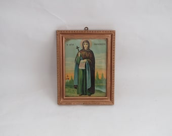 Greek Orthodox christian icon of Saint Paraskevi Osiomartyr, Antique Christian lithopgarph, Orthodox Christian art, Orthodox litho, for wall