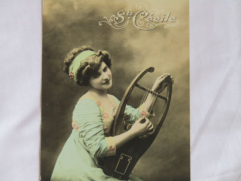 1921 colored French antique Sainte Cécile postcard, French vintage postcard, Antique postcard, musicians postcard, French postcard image 3