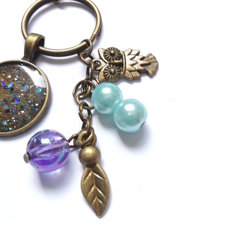 Glitter resin Keychain bronze bag charm key ring glitter pendant owl heart charms large Lobster clasp