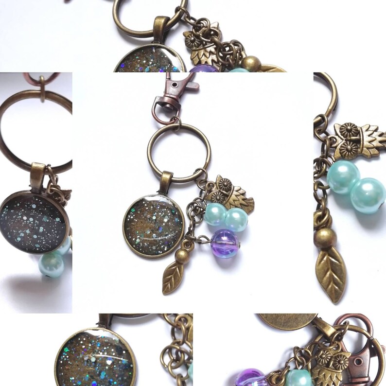Glitter resin Keychain bronze bag charm key ring glitter pendant owl heart charms large Lobster clasp