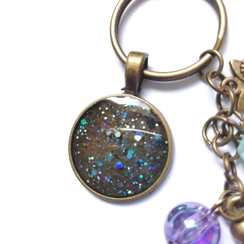 Glitter resin Keychain bronze bag charm key ring glitter pendant owl heart charms large Lobster clasp