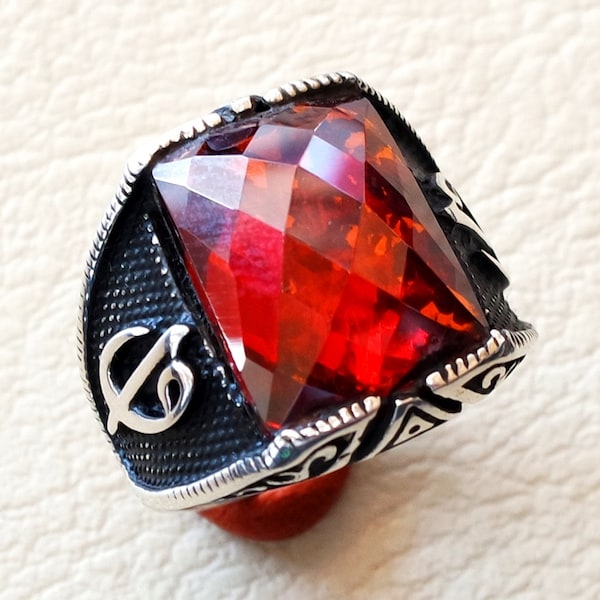 ottoman red ruby imitation  sterling silver 925 antique men ring arabic waw vav jewelry any size fast shipping rectangular stone