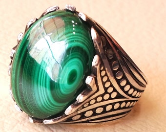 malachite grand ovale naturel semi pierre précieuse argent homme bague toutes tailles bijoux cabochon vert moyen-orientale style antique