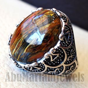 man ring pietersite natural stunning  stone sterling silver 925 oval cabochon multi color gem ottoman arabic style all sizes jewelry